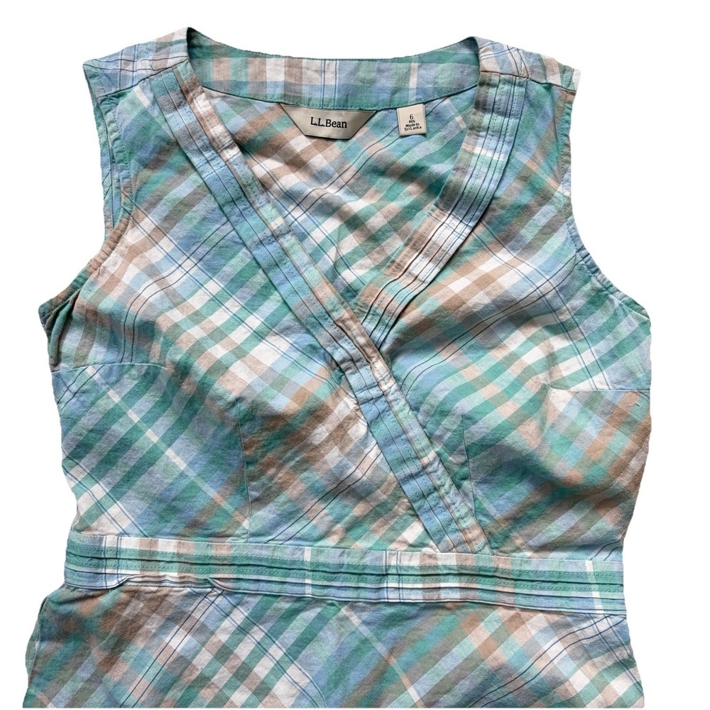 LL Bean Sleeveless A Line Dress Size 6 Madras Plaid Linen Cotton Blue Green Wrap - Picture 2 of 12